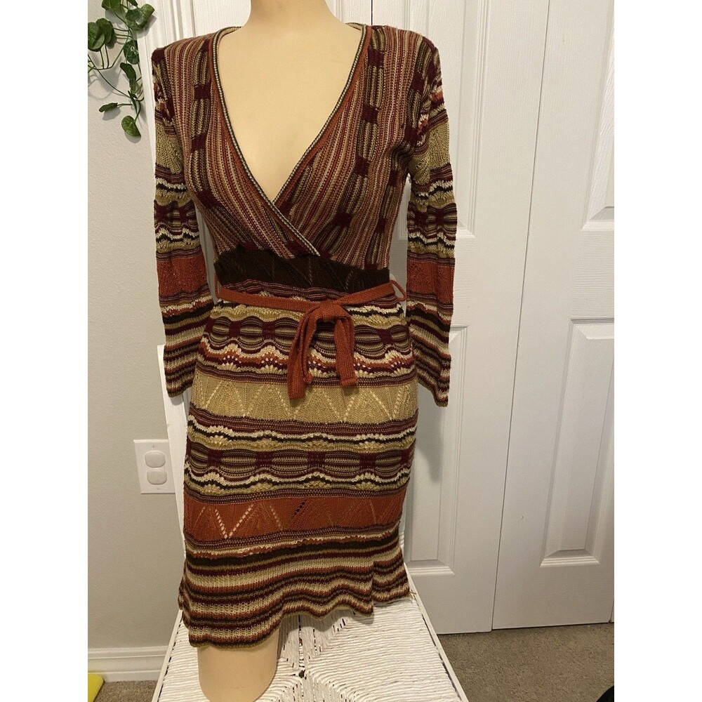 Y2K BOHO Say What Dress Womens S/M Brown Knit Deep V Sweater Mini Y2K